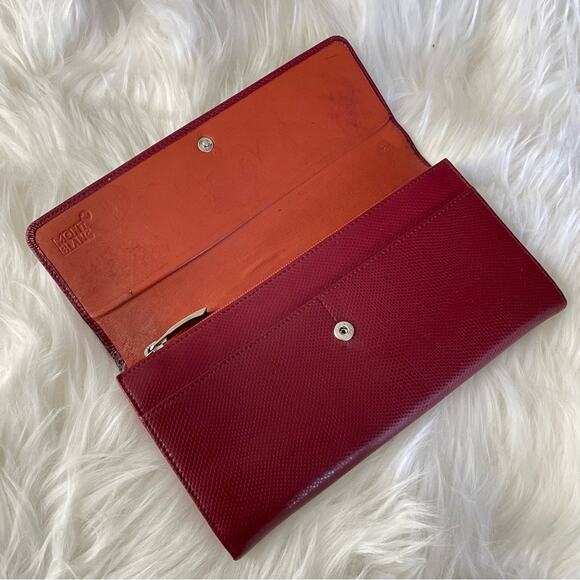 Mont Blanc | Women’s Red Leather Envelope Snap Closure Zipper Pocket Coins Cards - Picture 3 of 9